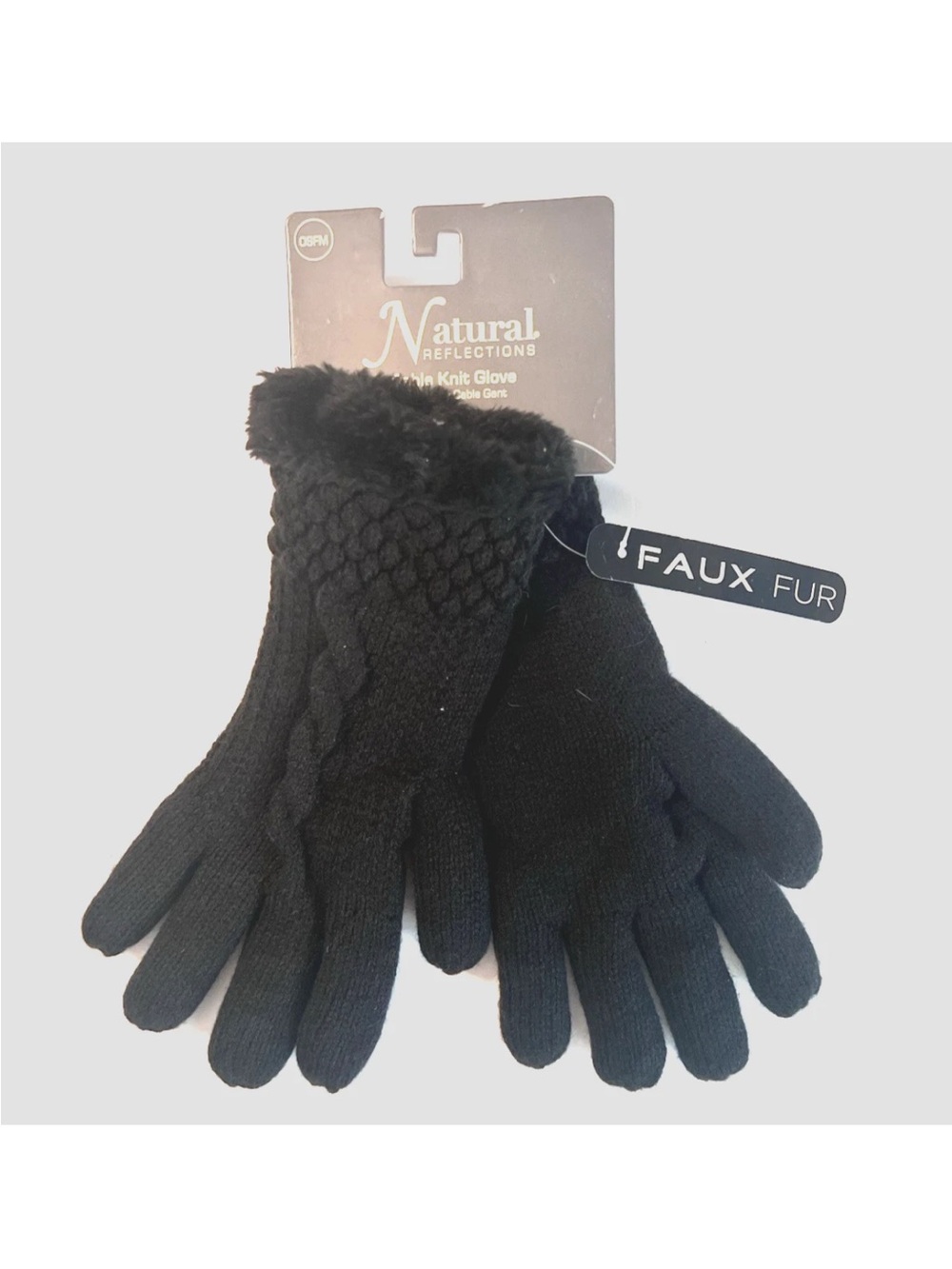Natural Reflections Black Faux Fur Cuff Cable Knit Gloves OSFM NEW